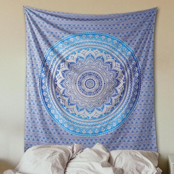Aqua Blue Cotton Tapestry Mandala Wall Hanging – Tapestry for Bedroom – Boho Roo - Picture 4 of 6